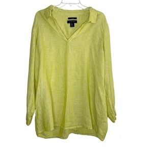 Tahari Lime Green 100% Linen Roll Tab Sleeve Tunic Size 1X V Neck Beach Boho